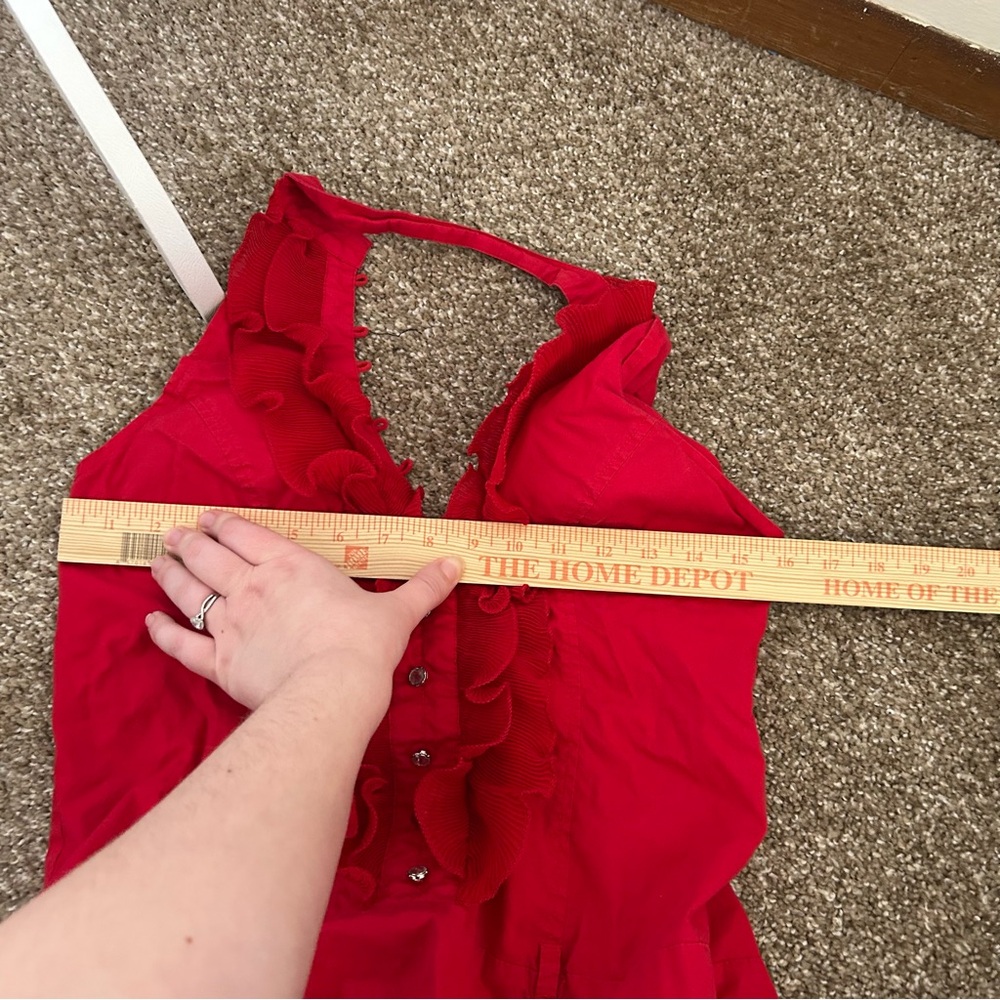 Red Ruffle Halter Mini Dress Ruched Bodycon Button Front - Picture 5 of 6